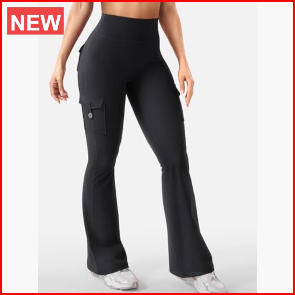 High Waisted Flare Leggings with Pockets Hidden Scrunch No Front Seam - Picture 4 of 7